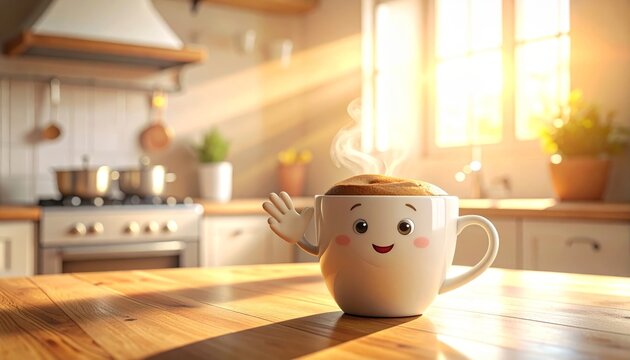 A Cheerful Cartoon Coffee Mug with a Smiling Face Waves Goodbye from a Steaming Cup on a Sunny Kitchen Countertop