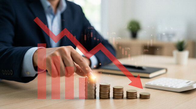 Hand pointing at stacked coins with red downward trend arrow