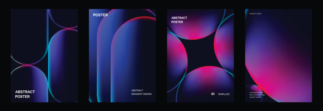 Abstract gradient vector poster set with purple geometric backgrounds, modern minimal cover layouts, circle shapes, checker grid, concentric lines, dark bars and futuristic graphic designs.