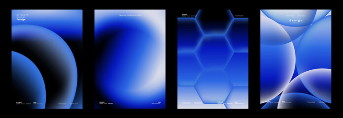 Fototapeta na wymiar Abstract gradient vector poster set with blue geometric backgrounds, futuristic minimal cover layouts, glowing hexagon pattern, soft circles, curved shapes and modern graphic templates.