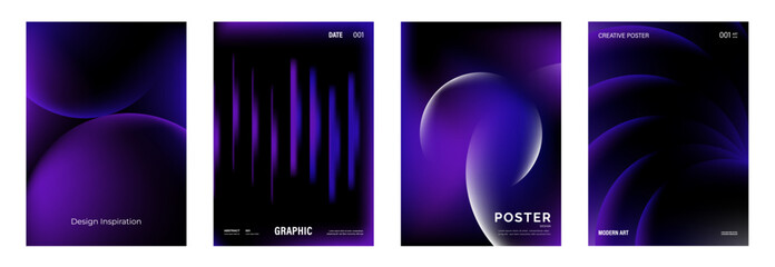 Plakat Abstract gradient vector poster set with purple geometric backgrounds, modern minimal cover layouts, circle shapes, checker grid, concentric lines, dark bars and futuristic graphic designs.