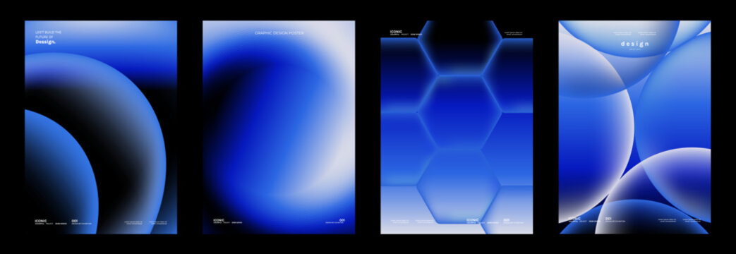 Abstract gradient vector poster set with blue geometric backgrounds, futuristic minimal cover layouts, glowing hexagon pattern, soft circles, curved shapes and modern graphic templates.