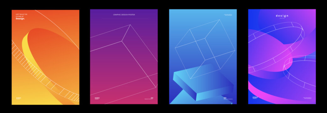 Abstract gradient vector poster set with colorful geometric backgrounds, futuristic minimal cover layouts, wireframe cube, line rings, curved shapes and modern graphic templates.