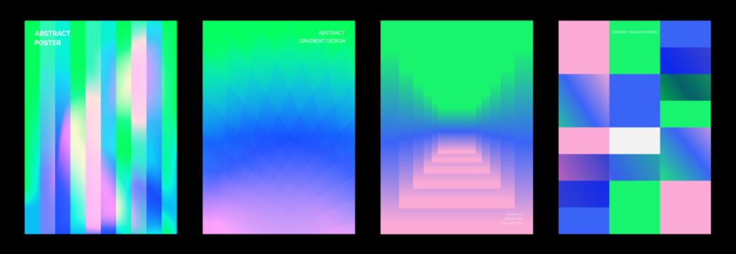 Abstract gradient vector poster set with bright geometric backgrounds, green blue pink pastel colors, vertical stripes, soft blocks, triangle pattern and modern minimal cover designs.