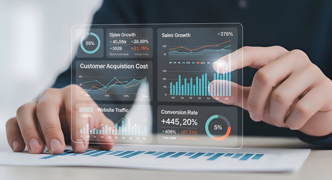Businessman interacting with futuristic holographic interface displaying financial data and charts