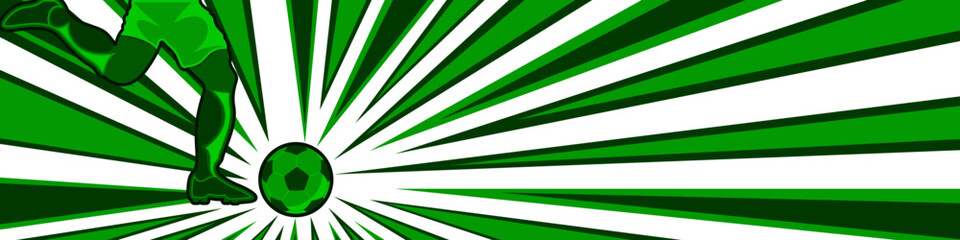 Soccer Player Kicking Ball Green Comic Style Banner Illustration. Soccer football sport banner background template, modern sports design © Febrian