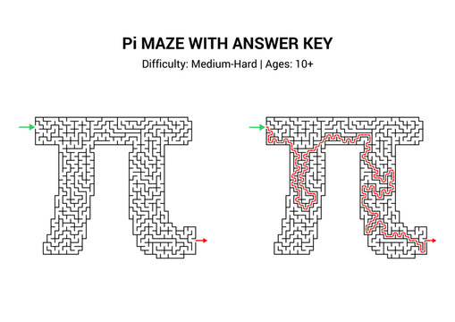 Fun math class Pi Day maze STEM puzzle activity with answer key, printable worksheet handout. Medium-hard difficulty, ages 10+