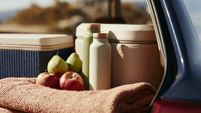Car trunk picnic snack break, open car trunk with cooler, fruit, and bottle on road trip