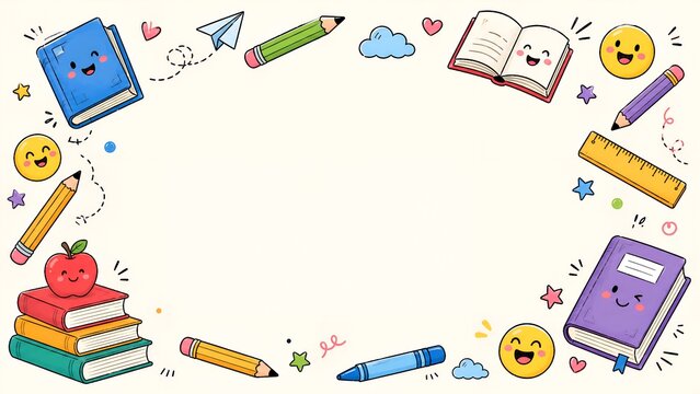 Colorful school supplies doodle border with blank center