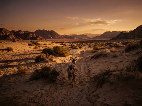 Biblical Scapegoat Walking Through Desert Wilderness at Sunset