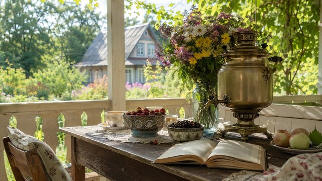 Rustic veranda tea table with samovar and open book