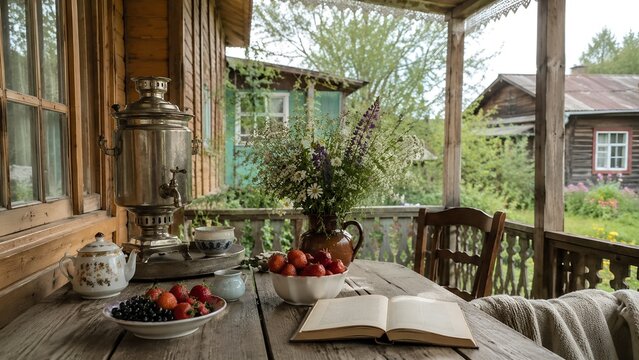 Cottage porch still life with samovar fruit and book