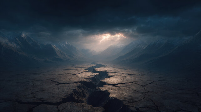 Ancient rocky mountains splitting with deep glowing crack, dark valley landscape with dramatic storm sky