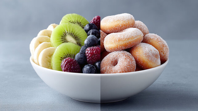 Indulge in a Culinary Delight: A Stunning Contrast of Fresh Fruits and Sugary Treats Perfectly Arranged for a Wholesome Yet Tempting Snack Experience