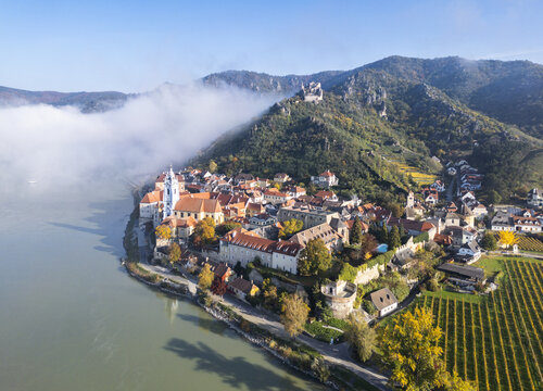 Aerial view of the historic town of Durnstein with its blue abbey tower, the Danube river covered in mist, and autumn vineyards in the Wachau, Durnstein, Lower Austria, Austria.