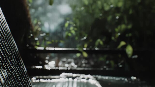 Rainwater splashing and flowing over a textured metal grate, creating ripples and reflections with green foliage blurred in the background, conveying a wet, natural atmosphere