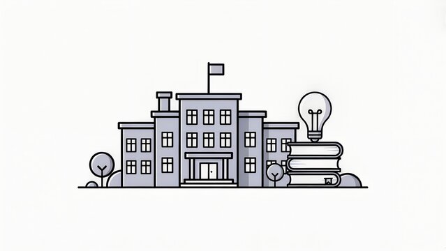 Minimal school building line icon with books and bulb