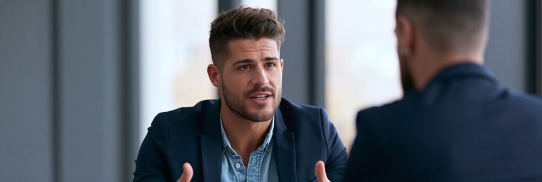 Wide composition medium shot of a male soccer player negotiating endorsement terms with a compliance official framed by subtle gray walls and inviting natural window lighting.