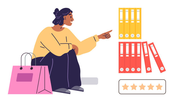 Shopping, organization, task management, customer feedback, product reviews, retail services. A seated woman gesturing toward stacked files, pink bag and rating system. Shopping and organization