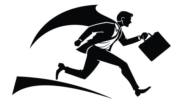 Dynamic business man silhouette running with briefcase and cape symbolizing speed success and ambition in a modern corporate world isolated on white background