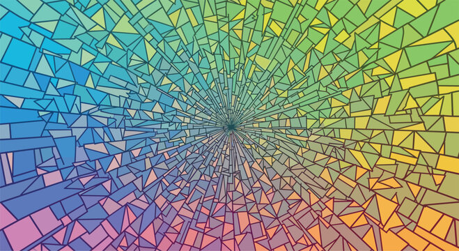 Dynamic shattered glass effect with countless geometric shards radiating from the center in a vibrant rainbow color gradient.