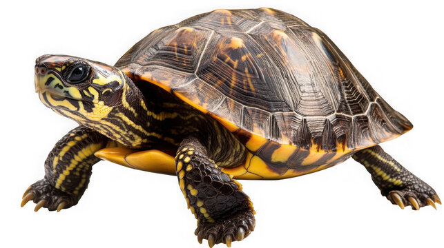 Detailed side view of a small patterned turtle walking forward with intricate shell textures captured in this isolated on transparent background