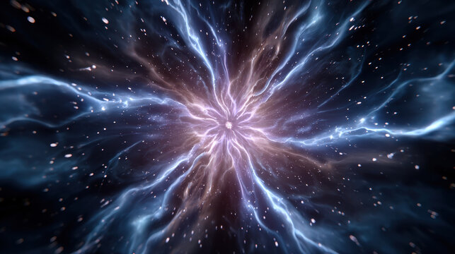 Cosmic energy vortex with radiant light and blue plasma in deep space, abstract star field glow
