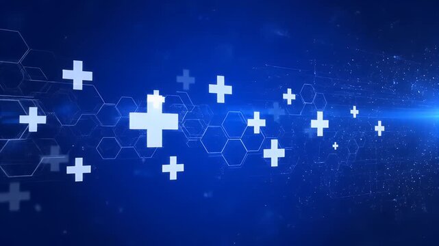 medical technology background with white crosses and digital hexagonal patterns blue