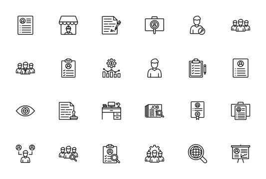 Human Resources icon set. HR vector icon pack. Minimal line icons. Featuring resume, recruitment, contract, teamwork, job search, hiring, analysis, candidate, appraisal and more.