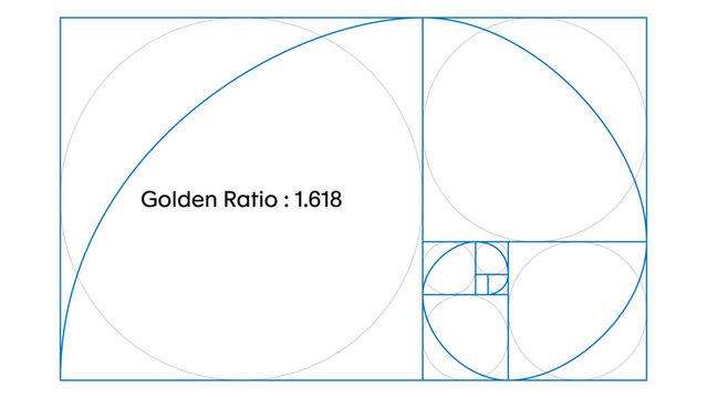 Golden Ratio Fibonacci Spiral Geometry Diagram With Mathematical Grids. Golden Ratio Mathematical Spiral Sequence Concept Blueprint Vector Diagram