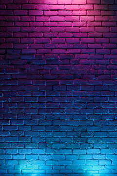Glowing neon brick wall background with blue and pink lighting in cyberpunk style, ideal for gaming, streaming, music, nightlife, and futuristic design projects.