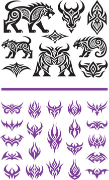 Tribal tattoo design set with animal silhouettes and abstract symmetrical patterns vector graphics for body art and graphic design