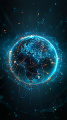 Futuristic digital globe of Earth with glowing data points network connections on a dark background. Worldwide links on planet earth at night. Concept of World communication technology. 3d render © Ilia_Levchenko
