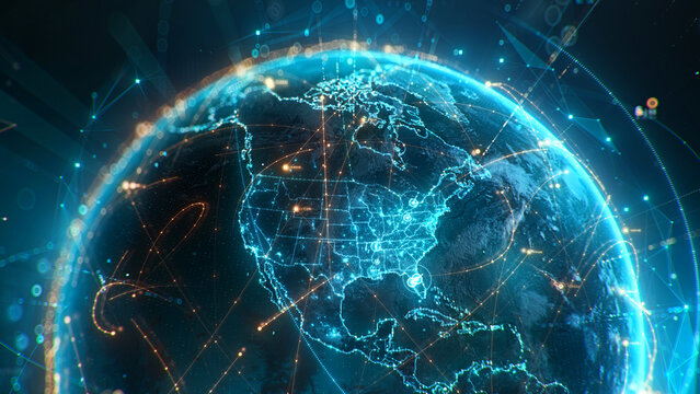 Futuristic digital Earth globe with glowing global network connection lines, big data transfer and cyber security technology over USA map, 3D concept of worldwide connectivity and globalization