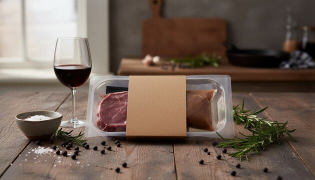Raw venison steak package with fresh herbs on rustic wood