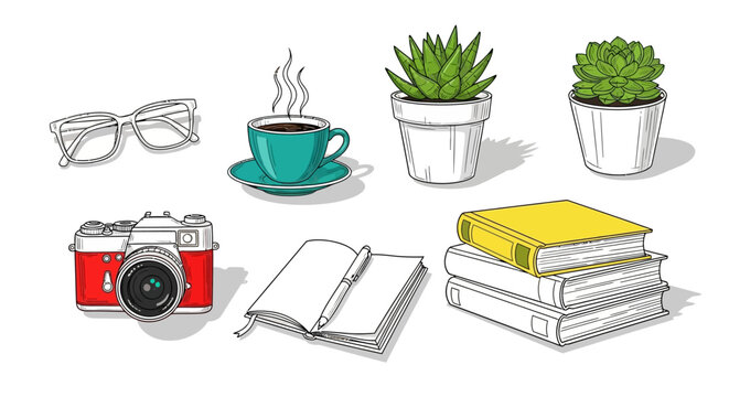 Illustration of various objects including camera, coffee, books, and plants with a white background