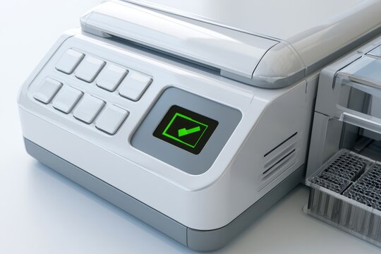 Close-up of PCR machine with green check mark on display and sample rack