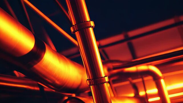 Close up view of metallic pipes and engineering infrastructure, illuminated by a vibrant orange glow, creating a concept of hot liquid flow, energy, and robust industrial systems