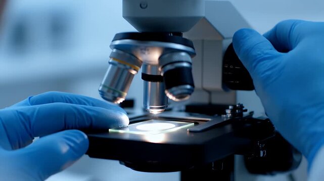 scientific microscope research with hands in blue gloves adjusting focus in the labs