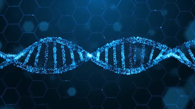 blue dna helix rotating with glowing particles on a dark blue hexagonal backgrounds.