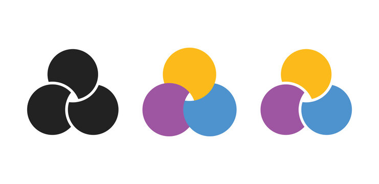 3 or three Circle Venn diagram. overlapping circles chart.  geometric data overlap presentations. Intersecting circles set. create secondary colors minimalist flat design style 
