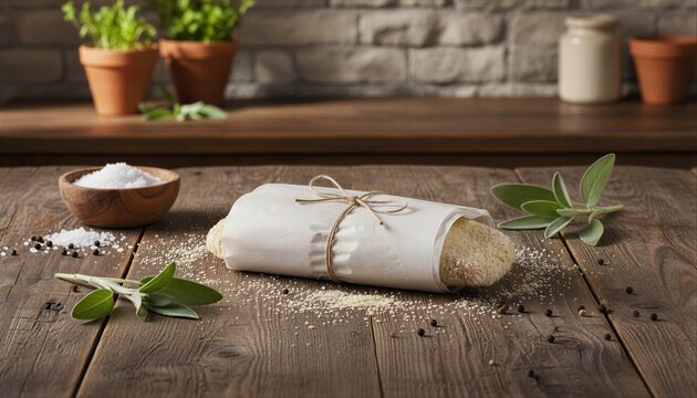 Rustic breaded cutlet with fresh sage on wood