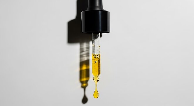 Golden liquid dropping from pipette.