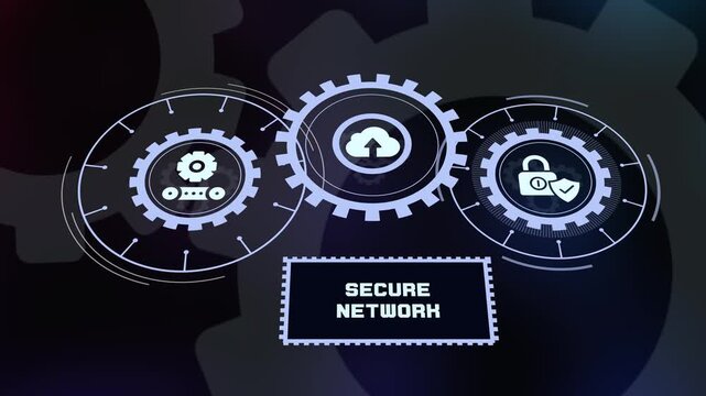 Secure network protection interface design with glowing gears, padlock icon, and cloud security shield for data privacy.