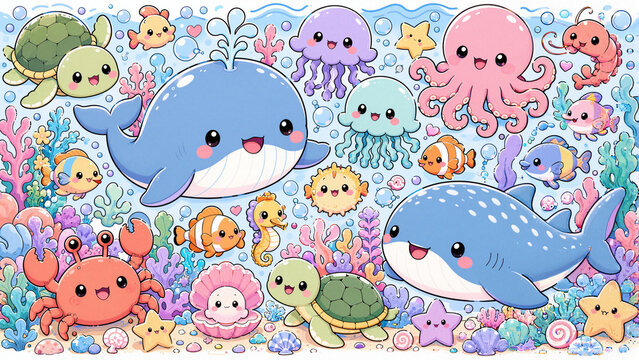 Cute comic sea creature characters doodle set for kids, bright colorful underwater vector art
