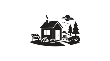 Cabin stands in a serene landscape with solar panels and firewood to represent sustainable off-grid living. © yanto