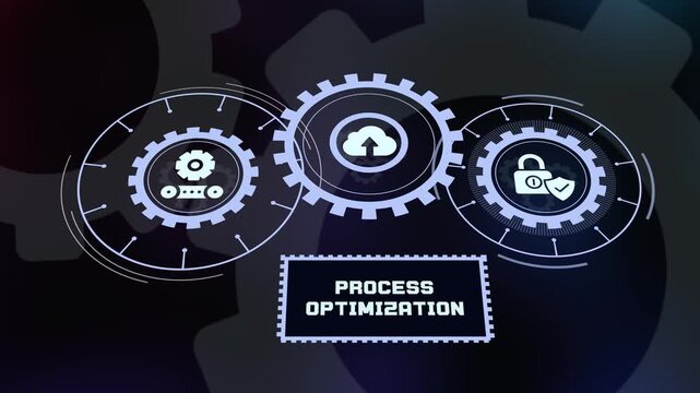 Futuristic process optimization system with mechanical gear wheels and glowing digital icons for corporate efficiency and data management