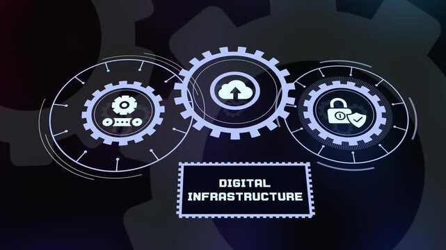 Advanced digital infrastructure network concept featuring mechanical gears, secure servers, and cloud computing data transfer interface