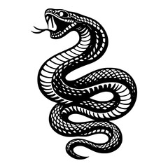 Fototapeta premium Intricate Serpent's Strike: A detailed, coiled black and white illustration of a striking cobra, its fangs bared and tongue flicking, symbolizing danger and primal instinct.