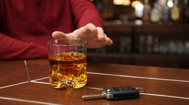 Man refusing drink at bar, cautioning against drunk driving with car keys and whiskey background